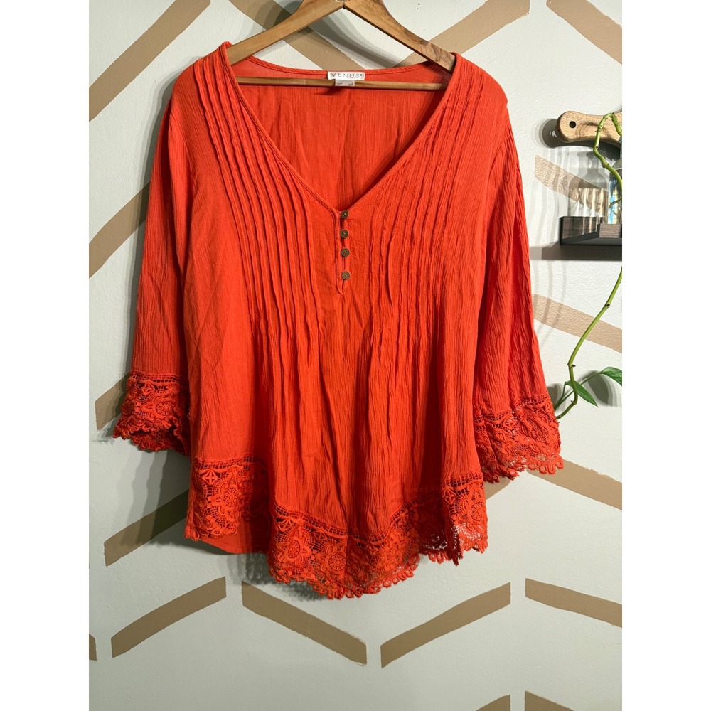 Venus Blouse Women Large Orange Peach Boho Crochet Lace Pintuck Henley Top